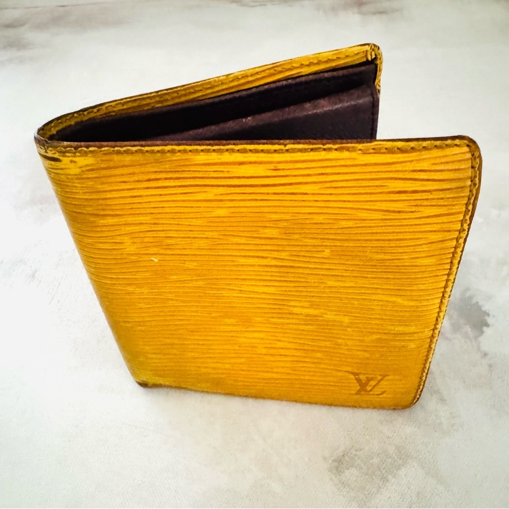Louis Vuitton Vintage Yellow Epi Bi Fold Leather Wallet, Purple Interior